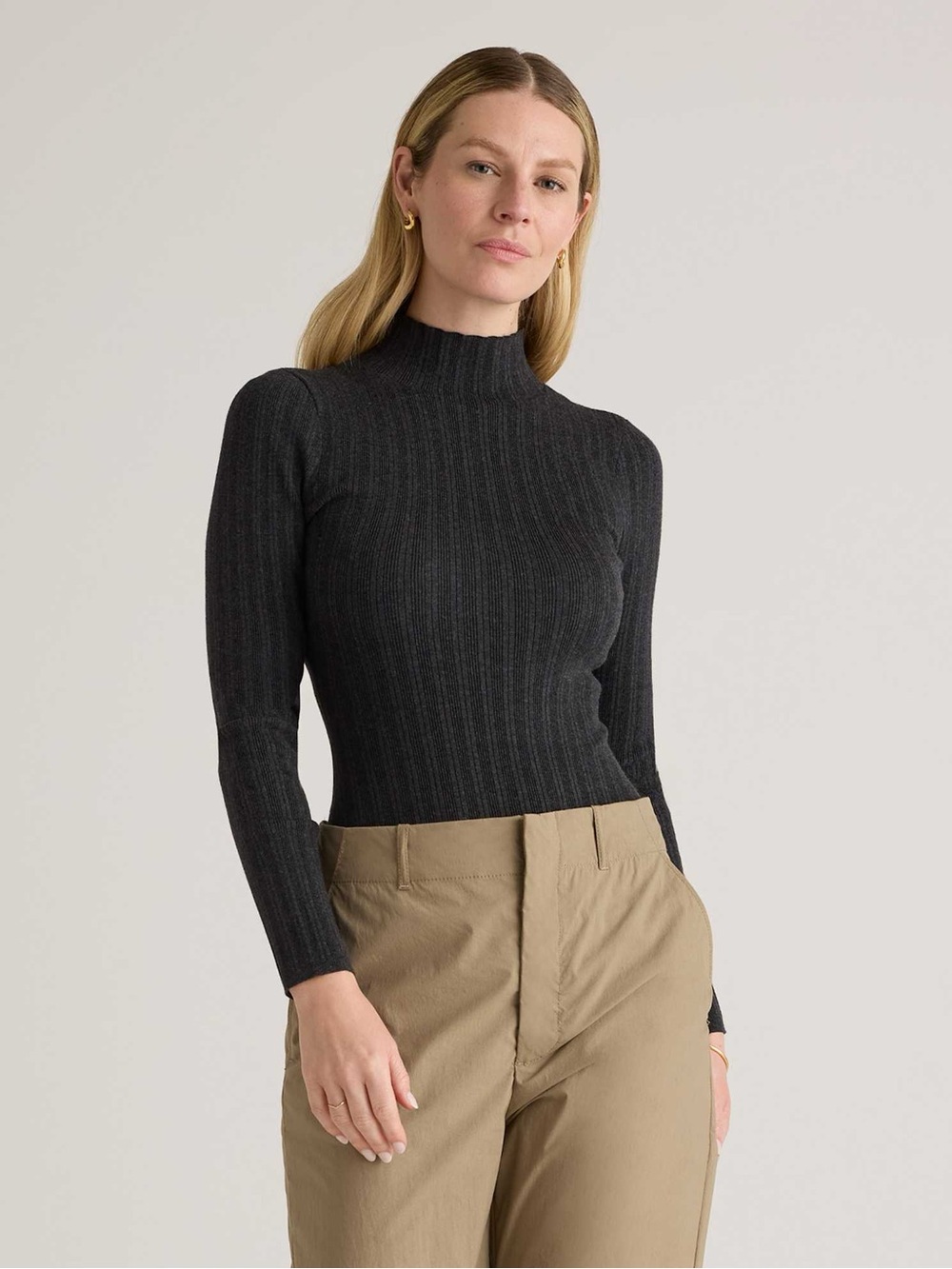 Quince Black Ribbed Mock Neck Long Sleeve Bodysuit Cotton and Cashmere Blend